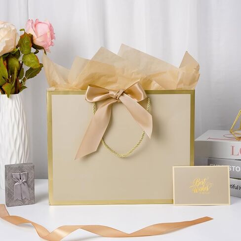 13" Large Gift Bag with Ribbon, Greeting Card & 2 Tissue Paper（Matte Gold Foil Frame）for Birthdays, Weddings, Mother's Day, Bridal Showers, Retirements, Anniversaries, Engagements, Any Occasion（Khaki） in Saudi Arabia