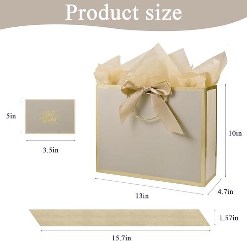 13" Large Gift Bag with Ribbon, Greeting Card & 2 Tissue Paper（Matte Gold Foil Frame）for Birthdays, Weddings, Mother's Day, Bridal Showers, Retirements, Anniversaries, Engagements, Any Occasion（Khaki） in Saudi Arabia