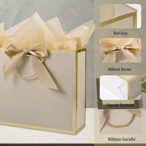 13" Large Gift Bag with Ribbon, Greeting Card & 2 Tissue Paper（Matte Gold Foil Frame）for Birthdays, Weddings, Mother's Day, Bridal Showers, Retirements, Anniversaries, Engagements, Any Occasion（Khaki） in Saudi Arabia