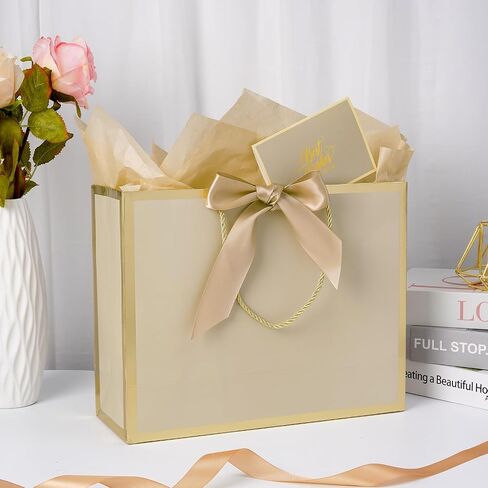 13" Large Gift Bag with Ribbon, Greeting Card & 2 Tissue Paper（Matte Gold Foil Frame）for Birthdays, Weddings, Mother's Day, Bridal Showers, Retirements, Anniversaries, Engagements, Any Occasion（Khaki） in Saudi Arabia