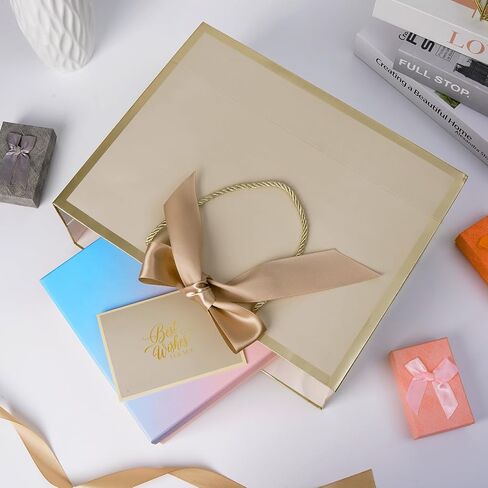13" Large Gift Bag with Ribbon, Greeting Card & 2 Tissue Paper（Matte Gold Foil Frame）for Birthdays, Weddings, Mother's Day, Bridal Showers, Retirements, Anniversaries, Engagements, Any Occasion（Khaki） in Saudi Arabia