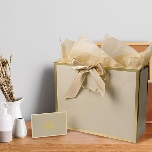 13" Large Gift Bag with Ribbon, Greeting Card & 2 Tissue Paper（Matte Gold Foil Frame）for Birthdays, Weddings, Mother's Day, Bridal Showers, Retirements, Anniversaries, Engagements, Any Occasion（Khaki） in Saudi Arabia