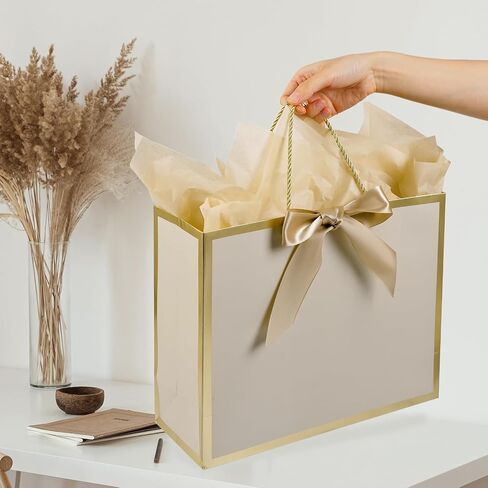 13" Large Gift Bag with Ribbon, Greeting Card & 2 Tissue Paper（Matte Gold Foil Frame）for Birthdays, Weddings, Mother's Day, Bridal Showers, Retirements, Anniversaries, Engagements, Any Occasion（Khaki） in Saudi Arabia