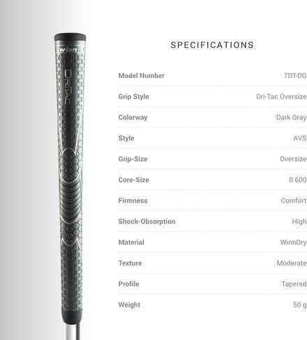 WINN DRI-TAC OVERSIZE Golf Grip, Non-Slip & Cushioned, Ultimate Comfort & Moisture-Wicking, Tackiness and Shock Absorption, Maximum Shock Absorption for Hand Fatigue Sufferers, AVS Tech, Lighter Grip Pressure, All-Weather Playability, Premium Polymer in Kuwait