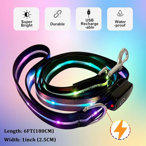 LWBMG Led Dog Leash 9 Lighting Modes Light Up Pet Lead Rechargeable 6ft Lighted Pet Leashes for Night Walking Safety Glow in Dark, Silicone Dog Leashes for Small Medium Large Dogs Walking at Night in Kuwait