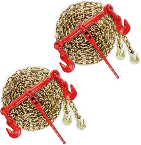 5/16''-3/8'' Ratchet Load Binder and 5/16''x20ft Chains, Chain Binder with 5,400 Lbs. Safe Working Load, 5/16'' Tow Chain with 2 G70 Grab Hooks, for Tie Down Truck, Flatbed Trailers(2 Set) in Saudi Arabia