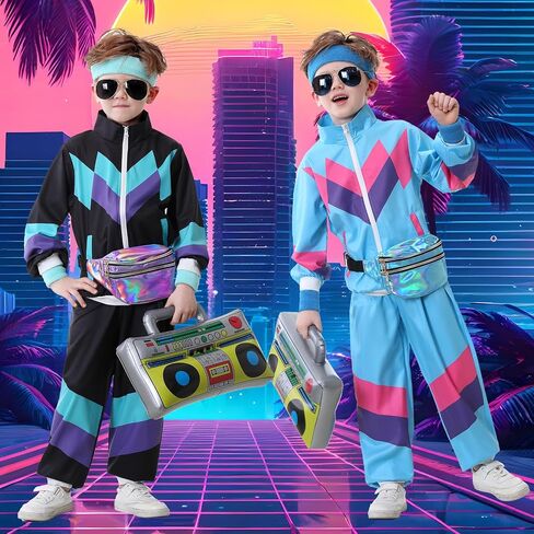 Ezuwail Kids 80s 90s Tracksuit Autfit for Boys Girls 6pcs Usisex Retro Windroing Toddler Workout Costume Hop Dance Costume in Kuwait