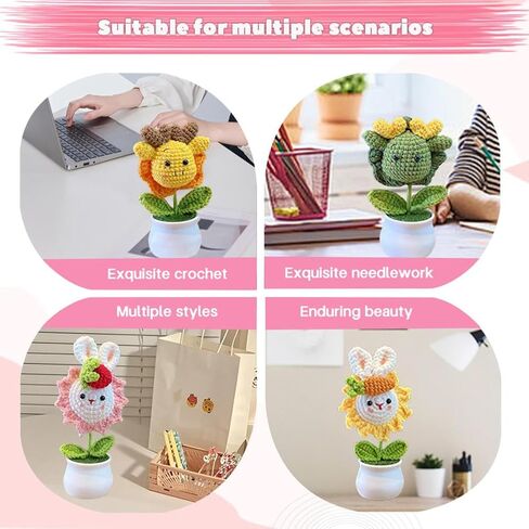 Crochet Flowers,Knitted Flowers,Crocheted Flowers,Hand Crocheted Little Dragon/Little Rabbit,Mini Potted Knitted Ornament,Used for Home Office Desktops,Car Decorations in Saudi Arabia