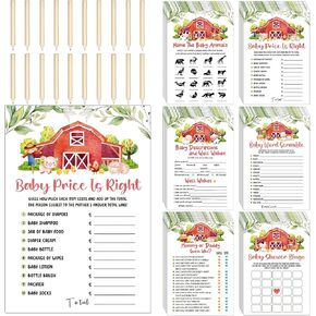 Nuanchu 150 Pcs Watercolor Baby Shower Games Set Farm Animals 6 Games with 20 Pieces Pencils for Baby Shower Activities Include Descriptions, Guess Who, Price, Bingo Game, Word Scramble Game