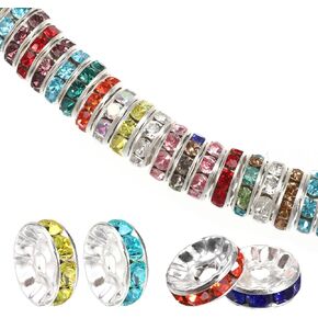 100 Pcs 10mm Large Hole Rhinestone Spacer Beads, Silver Plated Mix Colors Bead Rondelle Crystal Rhinestone Spacer Loose Beads for Jewelry Making DIY Bracelets Necklace Earring Craft