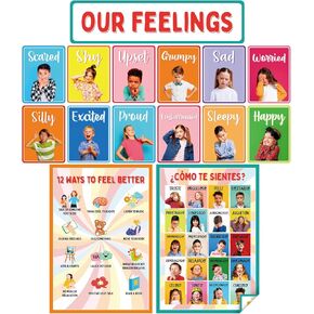 AmazingSpark 15 Pcs English Spanish Our Feelings Poster for Kids Bulletin Board Emotions Learning Posters Chart Back to School Teacher Supplies Classroom Home Calming Corner Autism Educational Tools
