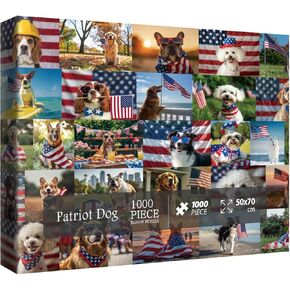 Fun Patriotic Dog Puzzles for Adults 1000 Pieces, Colorful Collage American Flag Jigsaw Puzzles, Challenging Art Landscape Sunset Scenic Puzzle