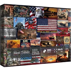 American Flag Patriotic Puzzles for Adults 1000 Pieces Art, Vintage USA Army Military Collage Jigsaw Puzzles, Bird Dog Owl Landscape Sunset Puzzle