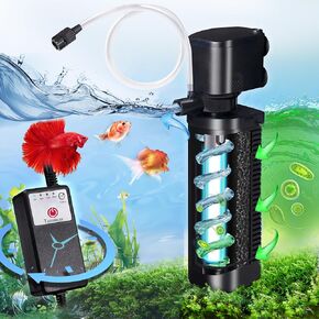 Aquarium U-V Filter Dual Spout 600GPH for Large 100-300 Gallon Fish Tank Silent Canister Internal Filter Cold Plunge Tub Koi Pond Filter, Green Clean Machine Deodorization for Saltwater Freshwater