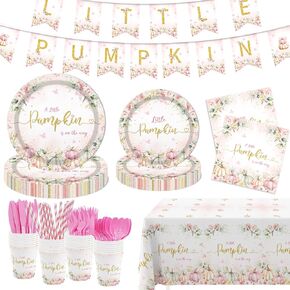 MEHOFOND Boho Fall Pumpkin Baby Shower Decorations Bohemia Floral Little Pumpkin Party Supplies Disposable Tableware Set 194 Pcs Plates Napkins Banners Plastic Tablecloth for Baby Shower Kids Party