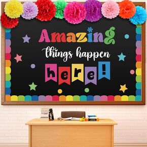 67 Pcs Classroom Welcome Bulletin Board Decoration Set Amazing Things Happen Here Decor with 3D Paper Flowers Back to School Decor for Kindergarten Preschool Elementary Middle School