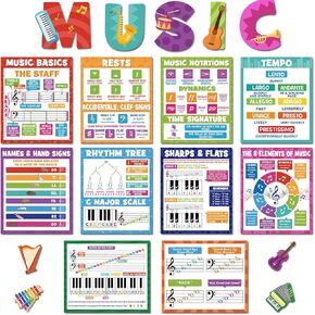 19 Pcs Music Classroom Decorations Music Posters Music Bulletin Board Set Musical Educational Posters Music Elements Bulletin Board Poster for Primary Middle High School Classroom Decorations