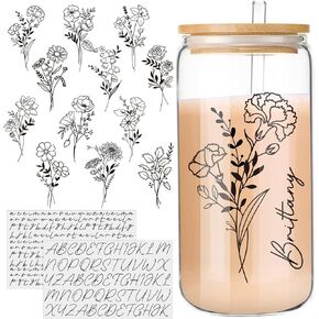 Glenmal 6 Sheet UV Dtf Cup Wrap Birth Flower with Personalized Letters Floral UV Dtf Wrap Transfer Stickers Daisy Rose Violet for Bridesmaid Mom Gift Glass Cups DIY Crafts Gift
