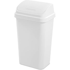 Sterilite 13 Gallon Plastic Swing Top Spave Saving Flat Side Lidded Wastebasket Trash Can for Kitchen, Garage, or Workspace, White