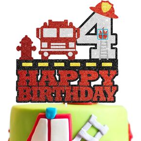 4th Birthday Fire Cake Topper - Themed Party Truck Ladder Hydrant Hat Happy Birthday Decoration - SugarGera