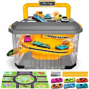 Toddler Toys for Ages 2-4, Toys Cars Storage Bucket Compatible with Hot Wheels, Playset Including 12 Die-cast Cars, Plat Mat, Race Tracks, Car Ramp, Kids Birthyday Gift for 2 3 4 5 Year Old Boys