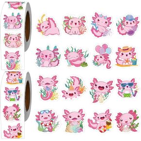 Pink Axolotl Stickers Roll - 1000Pcs Cute Salamander Stickers for Axolotl Lovers Birthday Party Favors Decorations Supplies, Self Adhesive Decals for Laptop Planner Scrapbook, 16 Designs