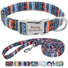 Beirui Floral Dog Collars and Leashes for Small Medium Large Dogs, Soft Ethnic Style Personalized Dog Collars with Name Plate Engraved, L(1.0" Wide,Neck fit 13.5-22.5") & 5FT Leash