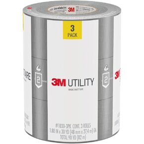 3M Utility Basic Duct Tape, 1.88 in x 30 yd, 3 Rolls, Moisture Resistant, Great for Light Duty Temporary Indoor Repairs for Tile, Laminate, Plastic, Wood, and Glass, Tear by Hand (1030-3PK)