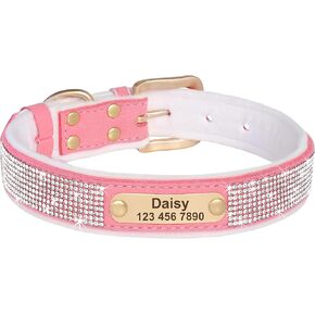 Didog Soft Velvet Custom Dog Collars, Personalized Bling Rhinestones Pet Collars with Warm Lining for Small Medium Large Dogs & Cats,Pink,S