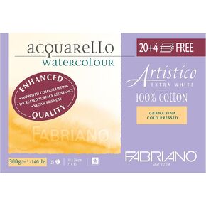 Fabriano Artistico Watercolor Block, 7 x 10 in, Extra White, Cold Press, 24 Sheets, Cotton, Acid-Free, 4 Free Sheets Included