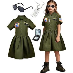 Latocos Girls Pilot Dress Costume Toddler Kids Military Aviator Fighter Suit with Sunglasses Necklace Halloween Career Day
