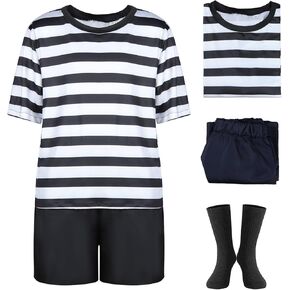 Pugsley Addams Costume Boys Black White Striped Shirt Neck Short Socks Kids Halloween Costumes