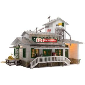 WOODLAND SCENICS LIGHTED H&H FEED MILL BUILT & READY O GAUGE train lit 5859