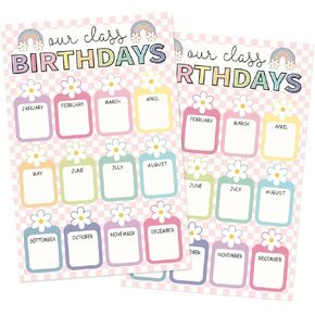 JarThenaAMCS 2Pcs Classroom Birthday Chart Poster Boho Flower Checkered Birthday Chart Calendars for Back to School Bulletin Board Chalkboard Wall Decor, 11 x 16.5 Inch