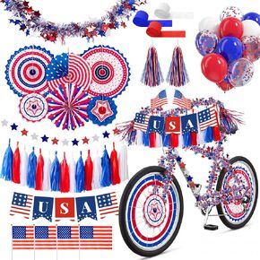 30 Pcs 4th of July Bike Decorations for Kids,Independence Day Bicycle Patriotic Parade Decor,Bike Streamers American Flags Tinsel Garland Tassels Paper Fans,Red White Blue Decorations