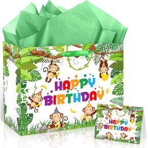 Monkey Birthday Gift Bag Wild Jungle Animal Monkey Banana Themed Birthday Wrapping Paper Bag with Tissue Paper Greeting Card Candy Treat Bags for Kids Safari Bday Baby Shower Party Supplies