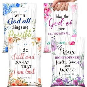 Pasimy 100 Pcs Religious Gift Bags Bible Floral Plastic Bags with Handles Christian Bible Party Favor Pouches Inspirational Flower Candy Goodie Pouches for Women Wedding Birthday Church Gifts