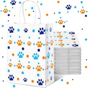 Kolldenn 16 Pcs Blue Cartoon Dog Paw Paper Bags with Handles Blue Orange Dog Birthday Party Favor Paw Treat Goodie Gift Bags for Cartoon Party Supplies, 8.3 x 5.9 x 3.1''