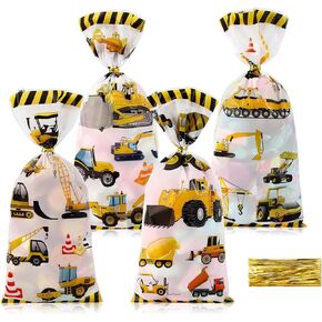 50Pcs Construction Party Favors Bags, Decorations, Cookie Goodie Candy Gift Bags, Truck Excavator Themed Cellophane Treat Bags With Gold Twist Ties for Boys Birthday Supplies