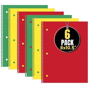 1InTheOffice Spiral Notebook College Ruled, College Ruled Spiral Notebook, 1 Subject Notebook, 1 Subject Spiral Notebook, 8" x 11", 3-Hole Punched, 70 Sheets/Pack, 6 Pack