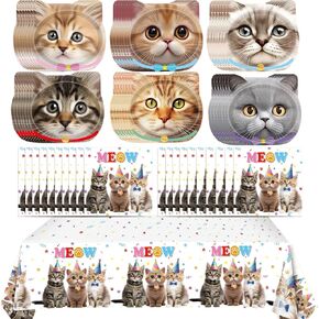 Cat Birthday Decorations,97Pcs Kitten Party Disposable Tableware with Cat Shaped Party Paper Plates Napkins Tablecloth Set for Kid's Cat Theme Birthday Baby Shower Party Decoration Supplies,Serves 48