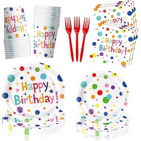 120pcs Happy Birthday Party Supplies, Colorful Happy Birthday Decorations, Includes Plates, Napkins, Cups, Forks Tableware Set for 24 Guests