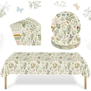 61 Pcs Wildflower Party Decorations 7 Inch Floral Paper Plates, Napkins and Tablecloth Spring Summer Wild Floral Party Supplies For Birthday Baby Shower Tea Party(Classic Style)