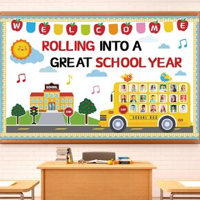 65Pcs Welcome Back to School Bulletin Board Decorations Set, School Bus Cutouts Name Tags with Yellow Border Trims Home Office School Classroom Decorations for Window Wall Door Chalkboard
