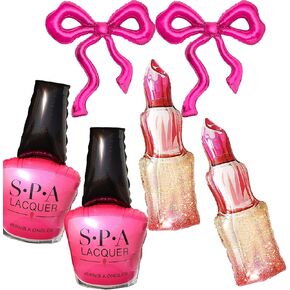 6Pcs Spa Party Decoration Balloons/Nail Polish/LipStick/Hot Pink Bow Foil Balloons/Makeup Party Supplies/Babi Decorion/Pink Girl Party Balloons
