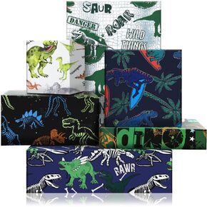Geluode Dinosaur Wrapping Paper for Kids Boys Girls, Jurassic Dinosaur Birthday Gift Wrap Paper - 6 Sheets Folded Flat 20x28 inches Dino Gift Wrap for Dinosaur Birthday Baby Shower Holiday Party