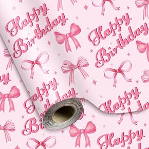 JarThenaAMCS Happy Birthday Wrapping Paper Mini Roll 17in x 32.8Ft Watercolor Coquette Pink Bow Gift Wrap Paper for Girls Birthday Party Wrapping Supplies