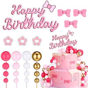 Chunful 61 Pcs Cartoon Cat Cake Topper with Balls Cartoon Cat Birthday Decor for Girls Birthday Baby Shower Pink Theme Party Decor Photo Booth Props