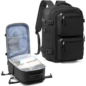 Black Travel Backpack with Vacuum Bag Carry on Personal Item Compression Seal Bags with Hand Pump Flight Approved Vacpack Airback for Women Men Laptop Backpack with Detachable Compression Bag