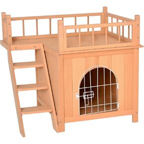 PawHut 2-Level Wooden Cat House, Outdoor Dog Shelter Cat Condo with Lockable Wire Door and Balcony, Grey